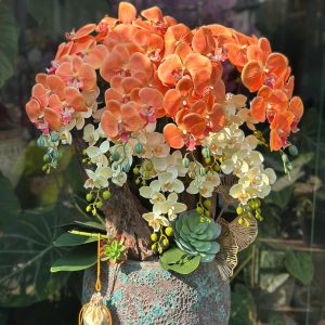 Bình chậu lan hồ điệp giả 8 cành tone cam vàng phối trắng, kiểu dáng sang trọng, trưng phòng khách